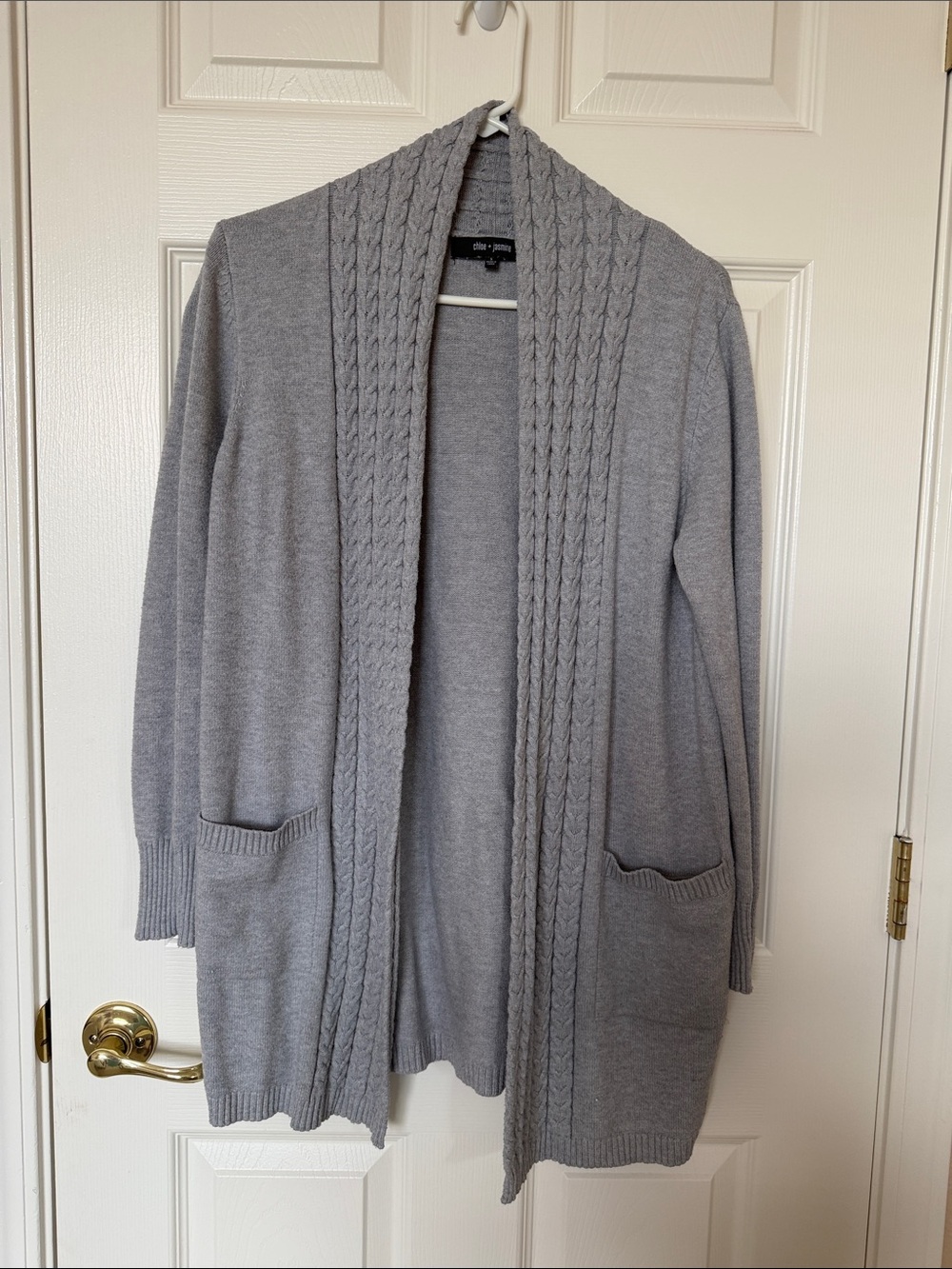 Chloe & Jasmine Light Gray Cable-Trim Open Cardigan